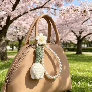 Cute Wool Crochet Tulip Imitation Pearl Keychain, Handmade DIY Bag Pendant, Birthday Gift, School Accessory, Gothic Y2K Style