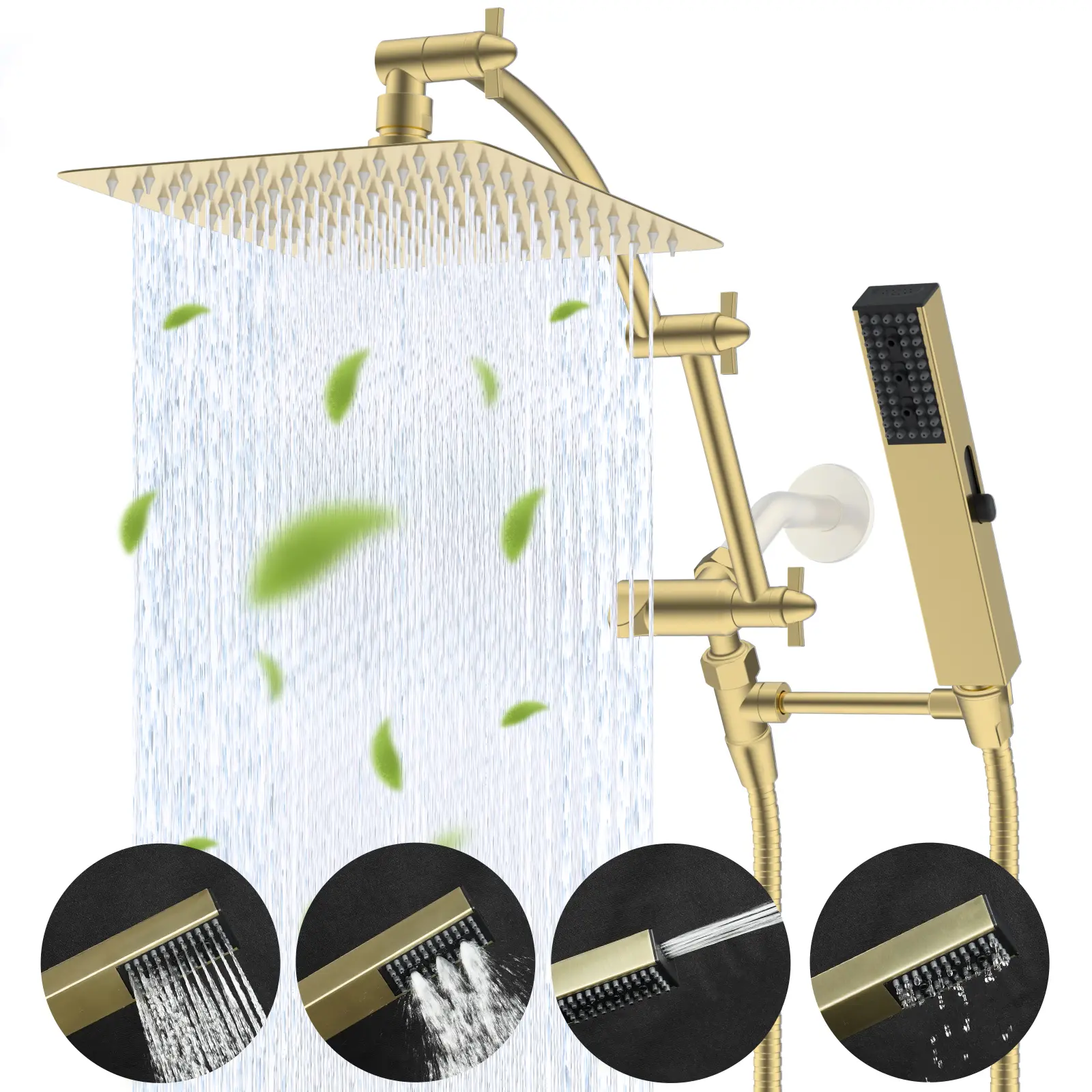 Hibbent All Metal Stainless Steel CUPC Certified 10in Rainfall Shower Head with Handheld Spray, Dual Handheld Shower Kit, 4 Multi-Spray Modes Wand, 16in Adjustable Extension Arm, 71in Hose, Holder, Brushed Gold, Tool-Free Install