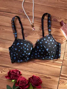 Rhinestone Heart Print Push-Up Bra, Elegant Lingerie with Steel Wire, Sexy Slimming Backless Design, Thin Layered Style