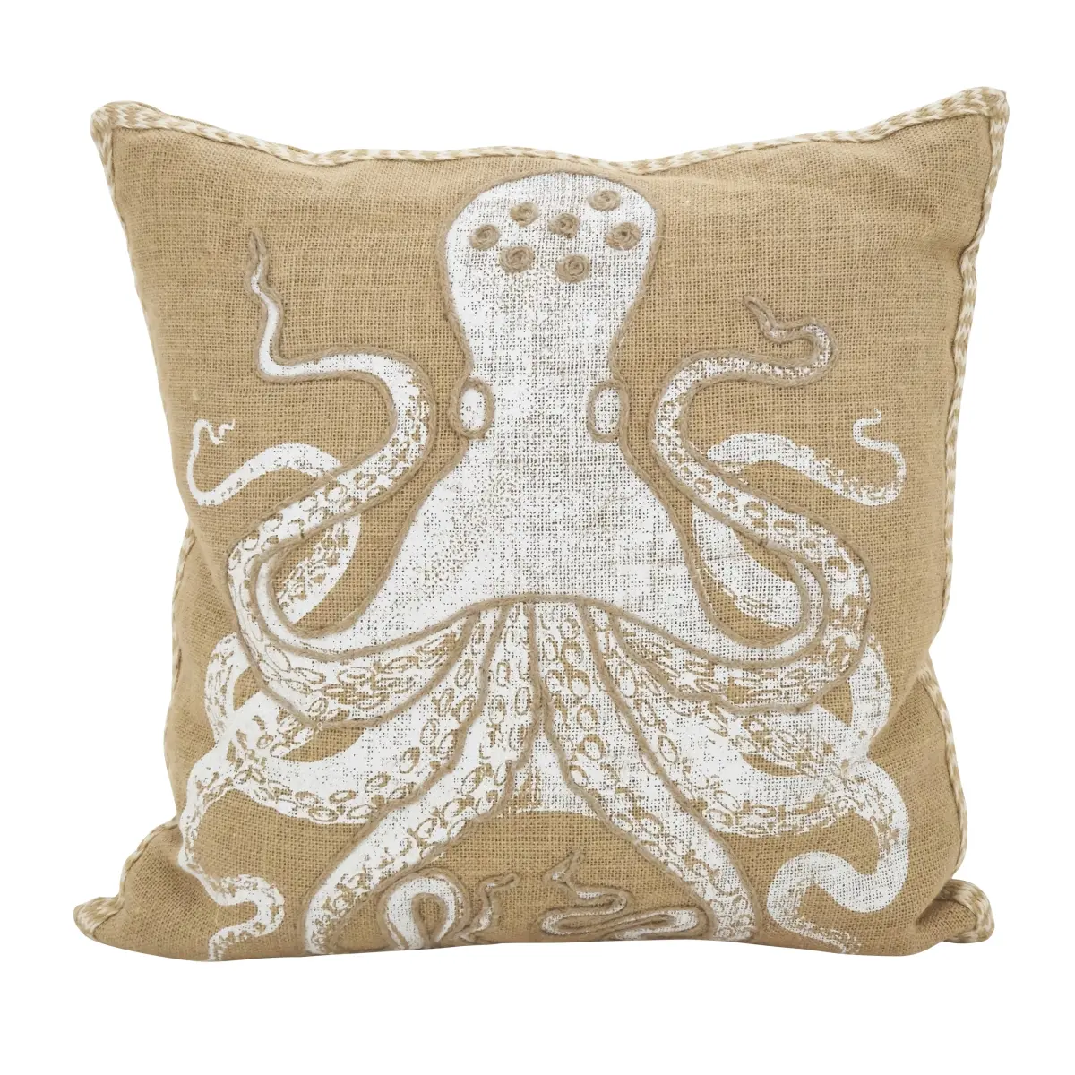 SARO 5444.N20S 20 in. Moravia Square Down-Filled Throw Pillow - Natural, with Shabby Distressed Detail, Woven Nautical Trim