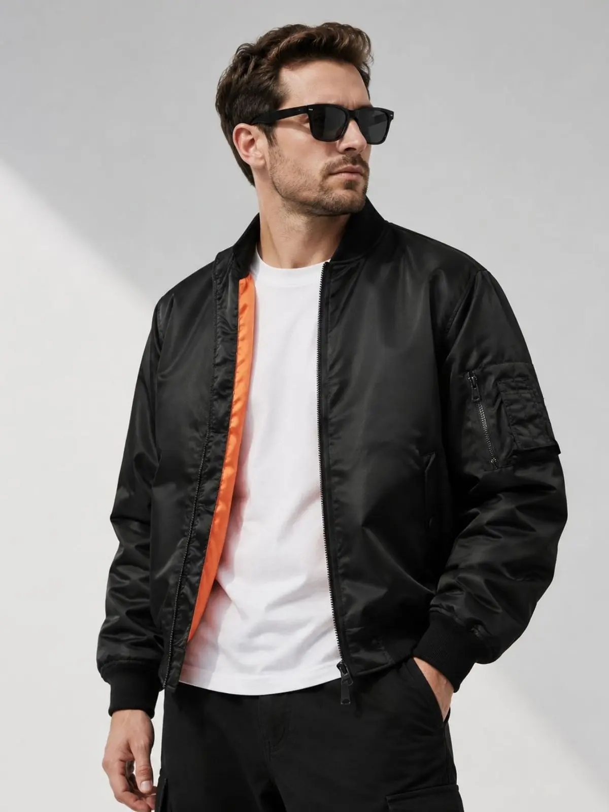 Men’s Stylish Plain Classic Aviator Coat - Menswear Top with Orange Lining, Zipper Closure, Multiple Pockets, Lightweight Casual Baseball-Style Outerwear for Spring, Autumn