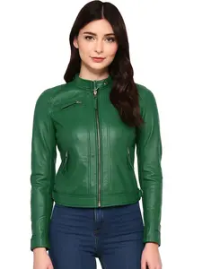 Zulin Women's Classic Diamond Green Leather Jacket Cafe Racer Style Casual Leather Jacket For Women's Fashionable & Comfortable Design
