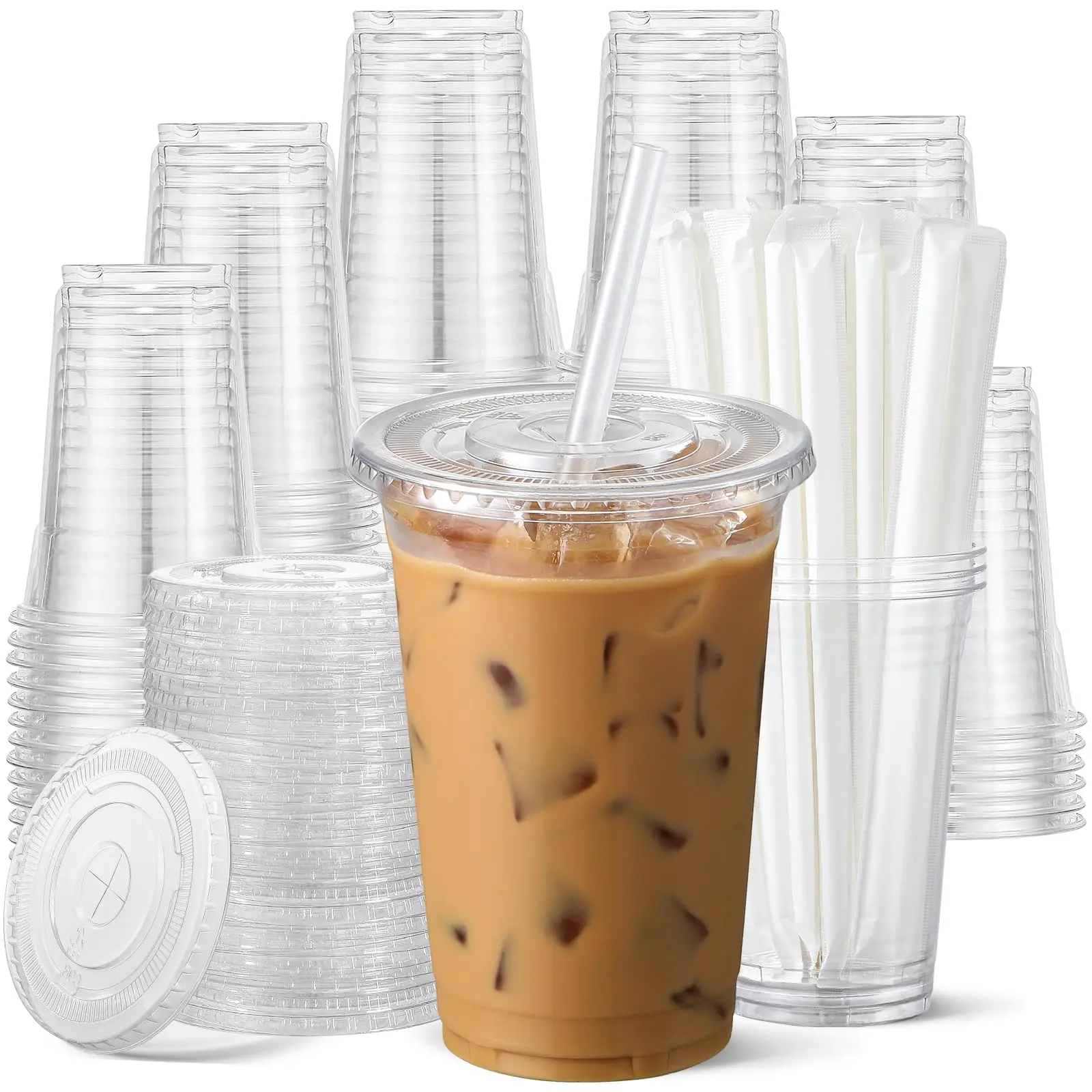 Transparent Plastic Cup with Lid and Straw, Durable Iced Coffee Mug, Reusable Smoothie Cup for Cold Drinks, Plastic Clear Cups