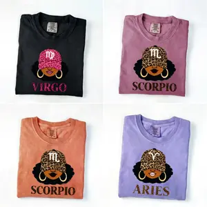 Comfort Colors [Full 12 Zodiac] Zodiac Vibes T-Shirt – Afro Woman Astrology Sign Pullover with Sparkly Hat Graphic, Unisex Horoscope Crewneck Gift