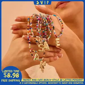 18K Colorful Letter Necklace for Women – Personalized Bubble Initial Pendant, Handmade Beaded Boho Choker, Cute Beach Layered Jewelry Gift