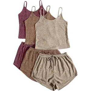 Women's 3 Sets Ribbed Pajamas Set Sleeveless Crop Top and Tie Front Shorts Lounge Set Sleepwear Loungewear