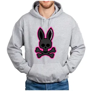 Crazy Pink Bunny Hoodie, Bad Hare Gift, Skull Animals Design Graphic Printed Unisex Hooded Sweater, Cool Streetwear