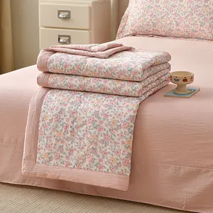 Floral Trim Quilted A-Class Cloudy Puff Cotton Summer Bedspread, Dual Layer Crinkle Mesh Cool Air Conditioning Blanket, Fresh Bedding Set, Breathable Summer Quilt
