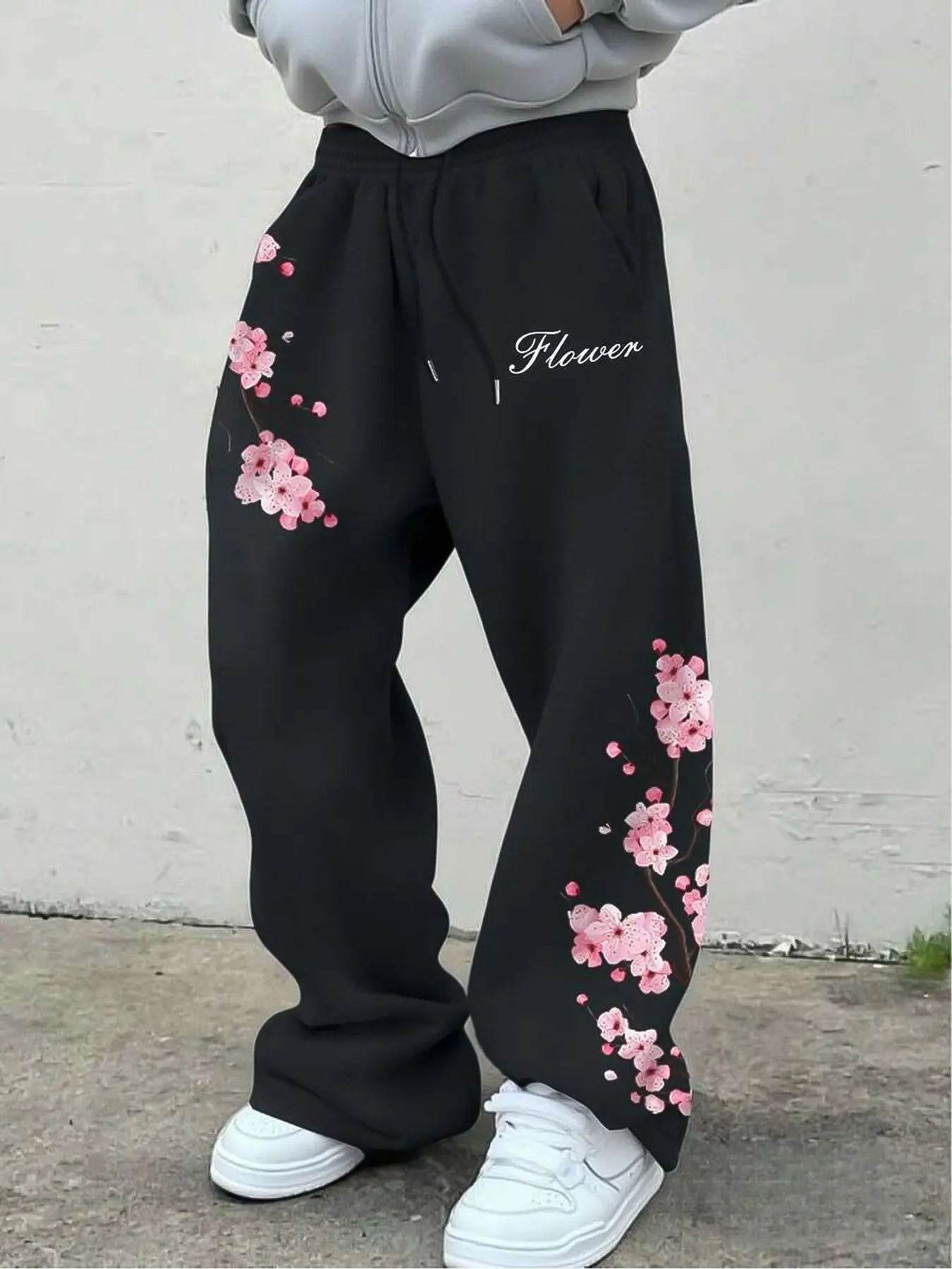 embroidered flower women's floral tracksuit pants black