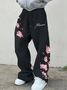 Men's Elastic Waist Drawstring Sports Pants, Tokyo Cherry Blossom Print, Floral Print Sweatpants, Comfortable Casual Trousers, Fashion Straight Leg Design, Straight Leg Sweatpants