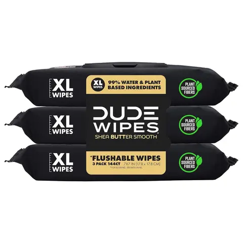 DUDE Flushable XL Wipes - 3 Packs (144 Total Wipes), Plant Sourced Fibers, Fragrance-Free, Shea Butter Herbal Relief, Extra-Large, Septic & Sewer Safe, Home Care Travel Essentials