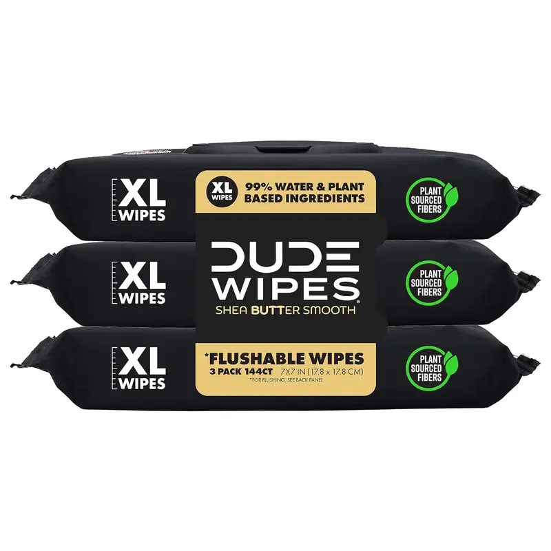 DUDE Flushable XL Wipes - 3 Packs (144 Total Wipes), Plant Sourced Fibers, Fragrance-Free, Shea Butter Herbal Relief, Extra-Large, Septic & Sewer Safe, Home Care Travel Essentials