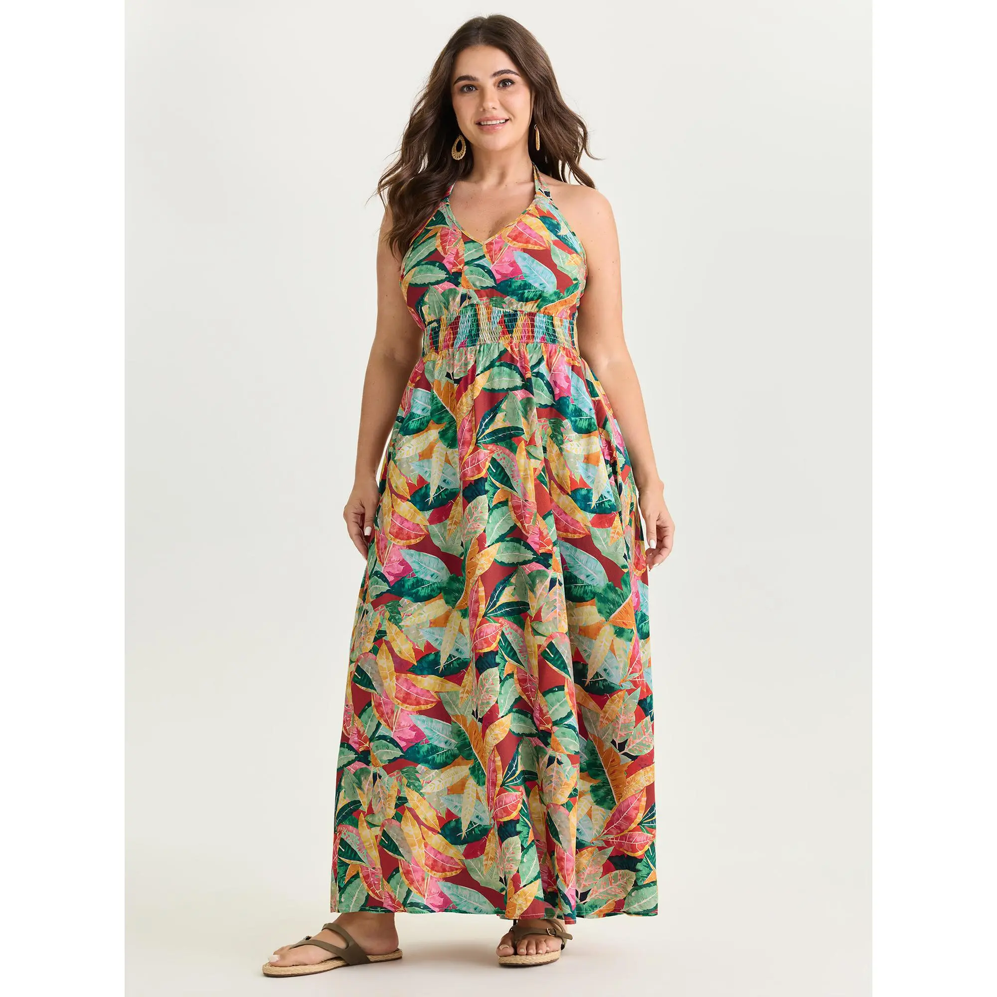 BloomChic Women's Plus Size Casual Dresses - Colorful Flowy Rayon Fabric, Halter Neck, Tropical Print, Smocked Bodice, Pocket, Sleeveless, Midi Length, Summer Hippie Boho Resort Style, Low Iron, Cold Wash, No Tumble Dry, Colorful Flowy Casual Dresses, Do,