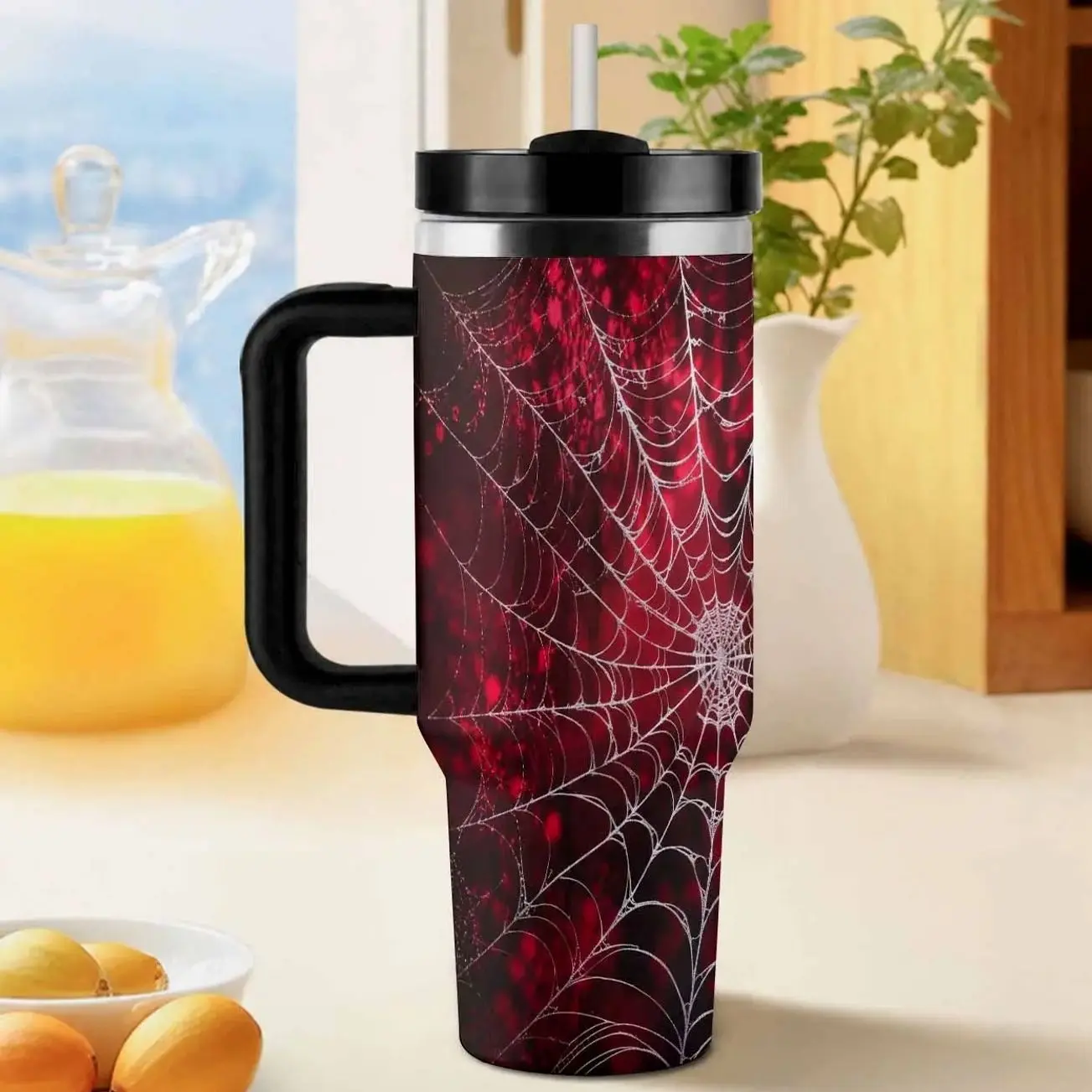 Spider Web 40oz Tumbler. Gothic Red Background Pattern. Stainless Steel Vacuum Insulated. Double Wall Leak Proof. Travel Coffee Cup. Outdoor Adventure Cup.