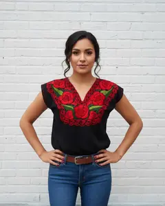 Zina Black Top with Red Embroidery