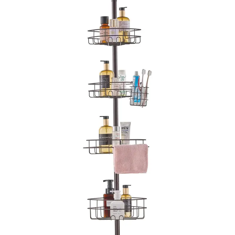 VEVOR Stainless Rustproof Steel Adjustable Tension Pole Shower Corner Caddy, 56"-114" Height Adjust, Slip-Resist Non-Slip Base, Toothbrush Holder, Innovative Buckle Design, Easy Installation, Durable Bath Space Saver