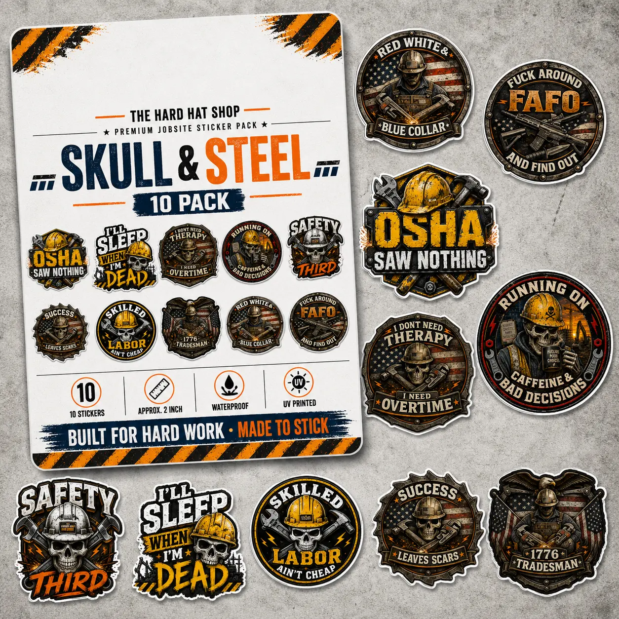 3 Packs - 30 Custom Stickers. The Hard Hat Shop High Quality Hat Sticker Pack, Waterproof Vinyl Decals for Helmets, Toolboxes, Laptops, 3 Packs of 10. Shop Humor, Best Sellers & Unfiltered