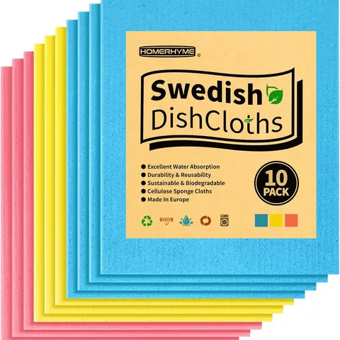 10-Pack Cotton Swedish Cellulose Sponge Cleaning Cloths, Heavy-Duty Reusable Multi-Purpose Washable, Absorbent Scratch-Resistant Fast-Drying Biodegradable Eco-Friendly Odor-Free Dishwasher-Safe Kitchen Essentials