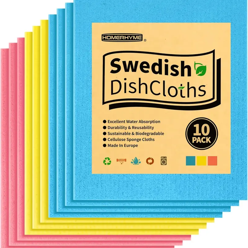 10-Pack Cotton Swedish Cellulose Sponge Cleaning Cloths, Heavy-Duty Reusable Multi-Purpose Washable, Absorbent Scratch-Resistant Fast-Drying Biodegradable Eco-Friendly Odor-Free Dishwasher-Safe Kitchen Essentials