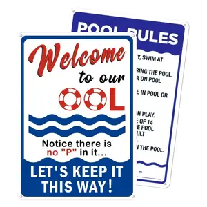 2Pcs Funny Pool Rules Metal Sign Poster Wall Art, "Welcome to Our OOL" Humorous Swimming Pool Tin Plaque Set for Beach & Pool Decor
