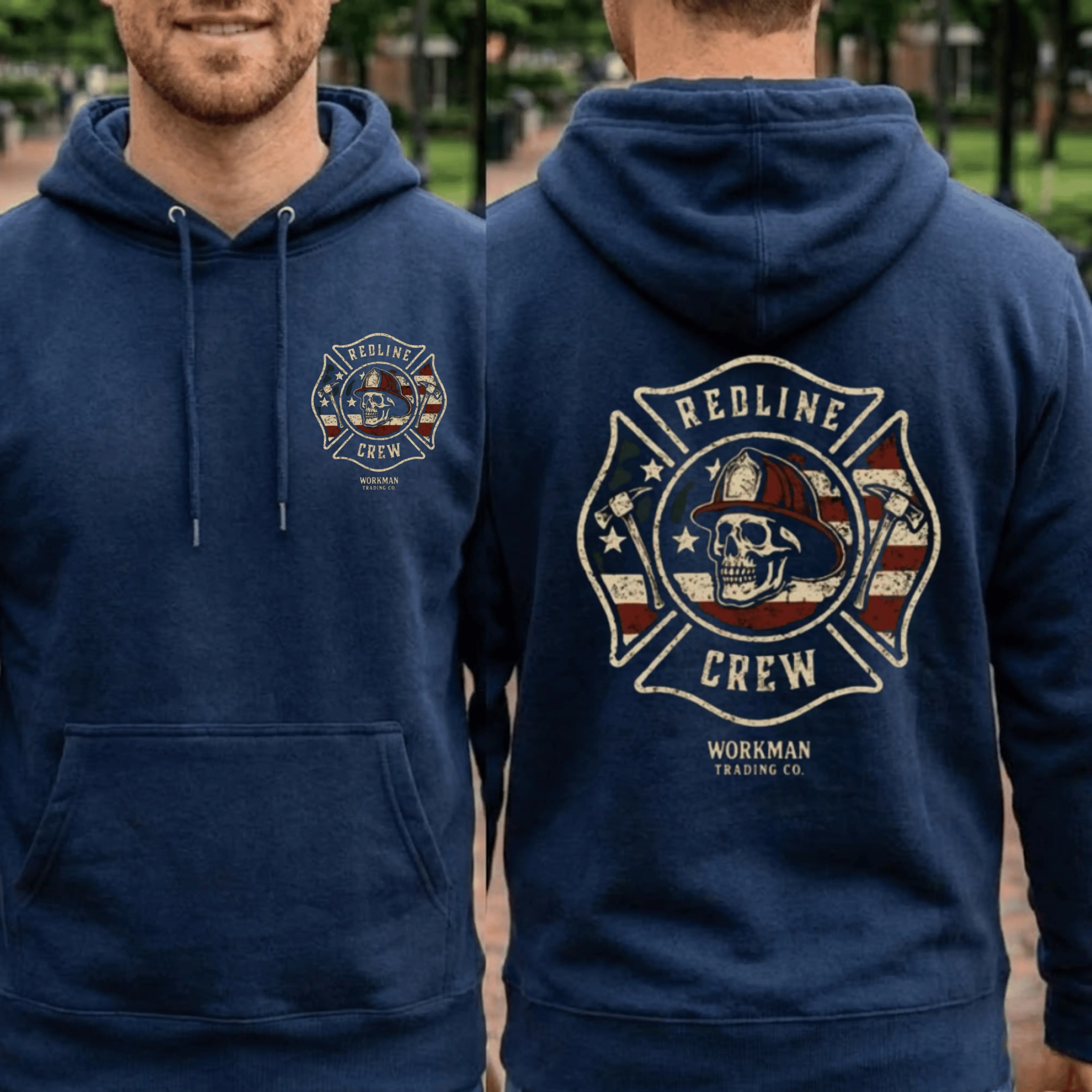 Redline Crew American Flag Firefighter Skull Hoodie, 2 Sides, Workman Trading Co Maltese Cross Thin Red Line Fireman Pullover