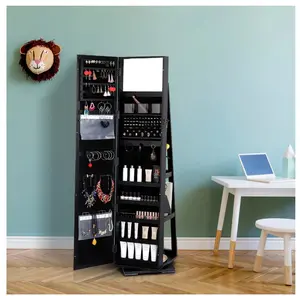 360 Degree Rotatable Jewelry Armoire with Free-Standing Mirror, Black