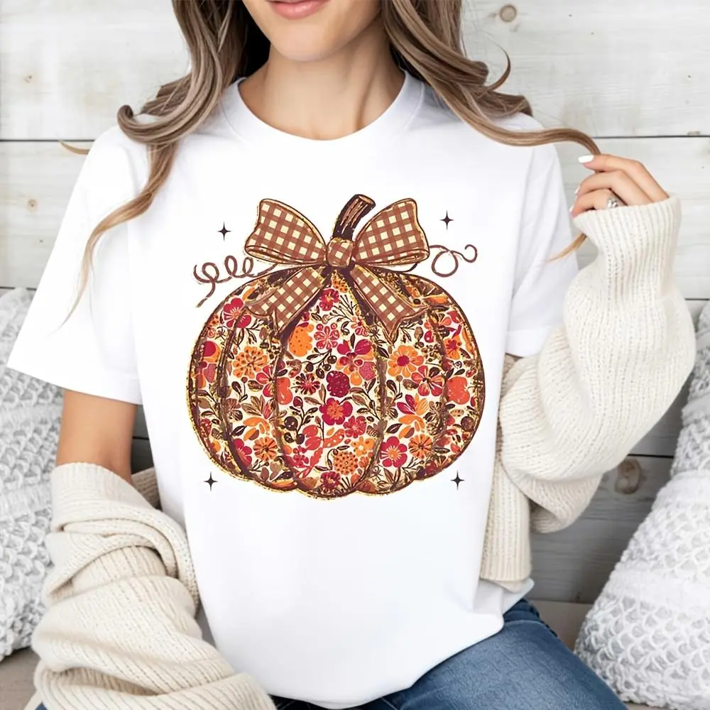 Floral Pumpkin With Plaid Bow Print, Raglan Long-Sleeved T-Shirt, Autumn Harvest Thanksgiving Festival, Casual Fall Seasonal Wear