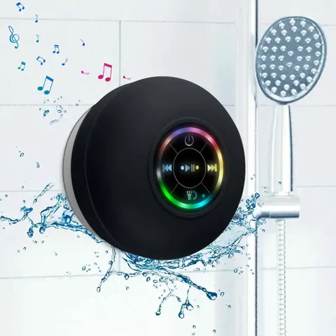 Mini Bluetooth Shower Speaker with LED Light IPX4 Waterproof Portable Suction Cup Wireless Speaker Rechargeable Micro USB Stereo for Beach Bathroom Shower Home