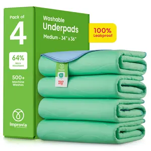 Improvia Washable Underpads - Pack of 4, 100% Leakproof, 64% More Absorbent, 500+ Machine Washes, Medium 34"x36"