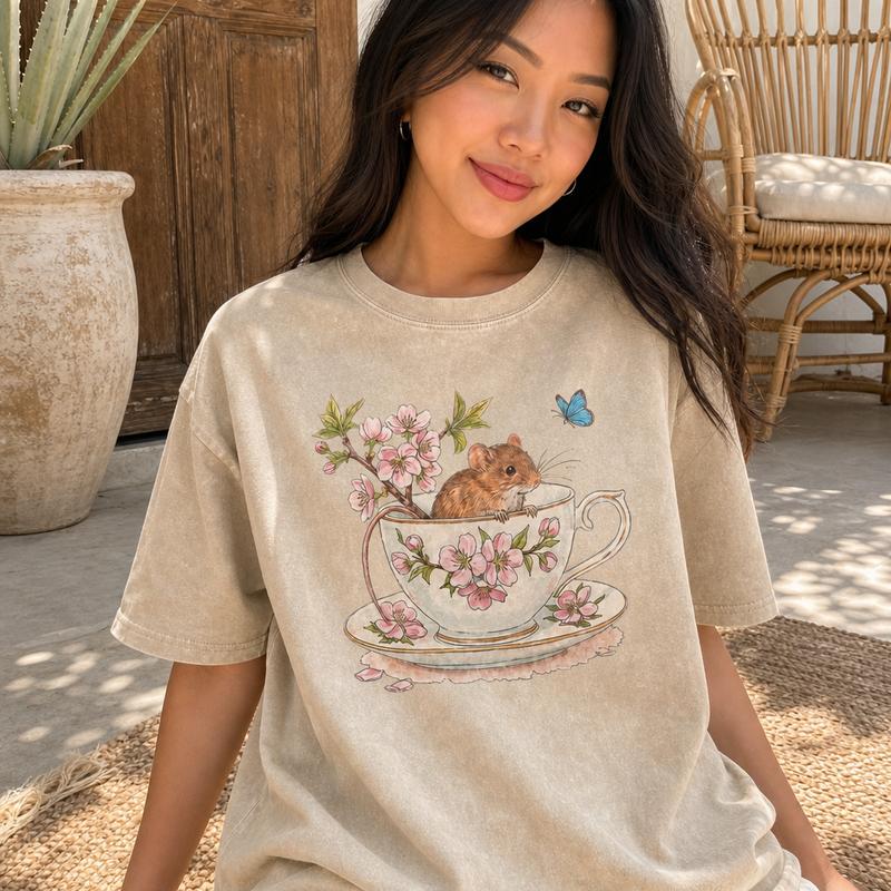 Cottagecore Cute Animal Graphic Tee Women Soft Washed Cotton Teacup Dormouse Blossom Shirt S-5XL