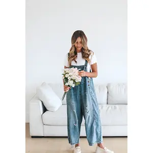 Stylish Women's Denim Overalls - Loose Fit Adjustable Strap Distressed Bib Jumpsuit with Pockets