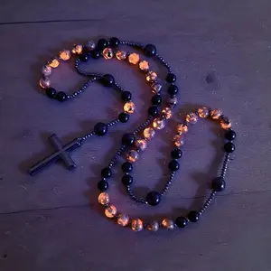 UV Reactive Yooperlite & Obsidian Rosary Necklace, Natural Hematite Cross Pendant Protection Necklace for Her & Him, Crucifix Necklaces, Beaded Cross Necklaces
