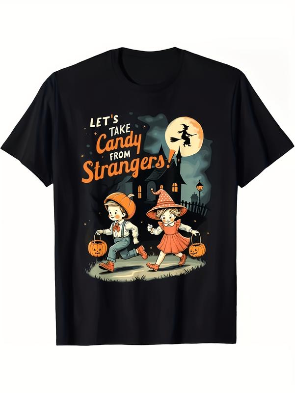 Men's Casual Retro Soft Breathable Cotton Short-Sleeve Crew Neck Menswear Tee - Vintage Halloween Witch Haunted House Trick Or Treat Print Quote Tshirt with Anti-Fade Ink