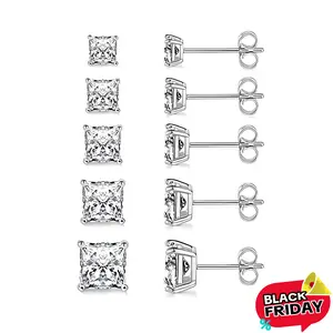 [Waterproof] GEMSME Princess Cut 5 Pairs Square Clear Cubic Zirconia Hypoallergenic Stud Earring Pack Non Tarnish Unisex for Women Men E-0982