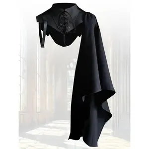 Medieval Cloak Halloween Costume - Black Polyester & PU Leather Asymmetric Cape with Hooded Design for Stage Performance Party Wear Dress Womenswear Traditional Latex Skull Mask bee peach timothee chalamet denki kaminari hero