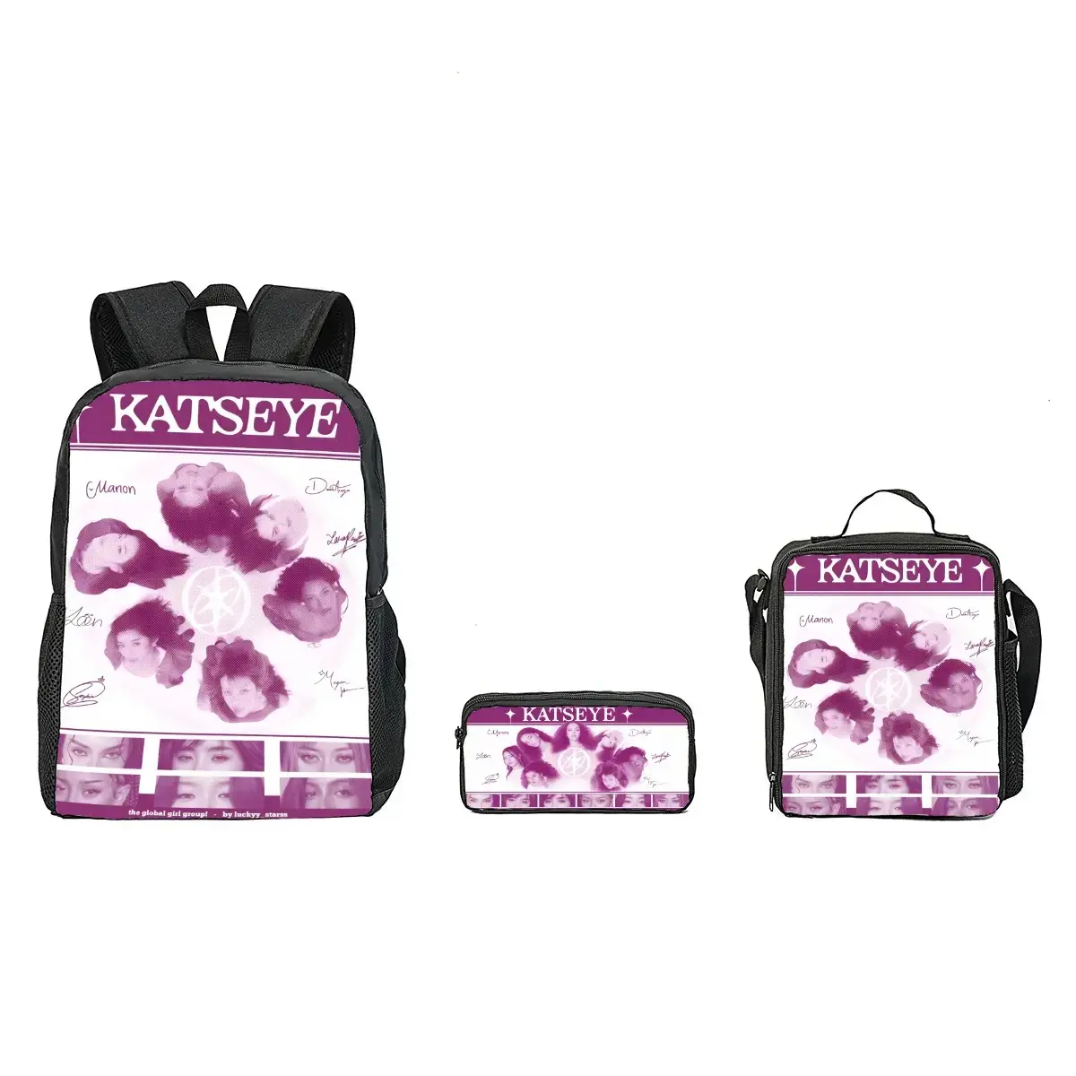 Monochrome Purple Signature Katseye Member Portrait 3-Piece School Backpack Set, Fits 15in Laptop, Breathable Padded Straps, Back-To-School Luggage Bag