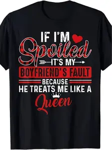 Humorous Couples T-Shirt: If I'M Pampered, It'S My Boyfriend'S Responsibility.Black Tee with Red Print, Made of Heavyweight 220GSM, Available in Unisex Adult Sizes S, Perfect for Anniversaries, Plus Size