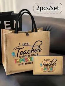 Large Capacity Linen Handbag with Small Bag, Teacher Element Pattern, Portable Casual Storage Bag, Multifunctional Shopping Bag, Shopping Tote Bag, Teachers Gift, Reusable Shopping Bag