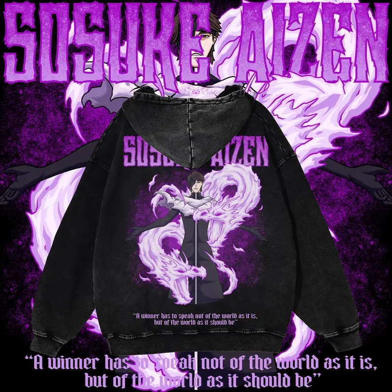 Premium Acid-Washed Anime Hoodie | Heavyweight Unisex Hoodie | Cozy Winter Streetwear | Aizen Design
