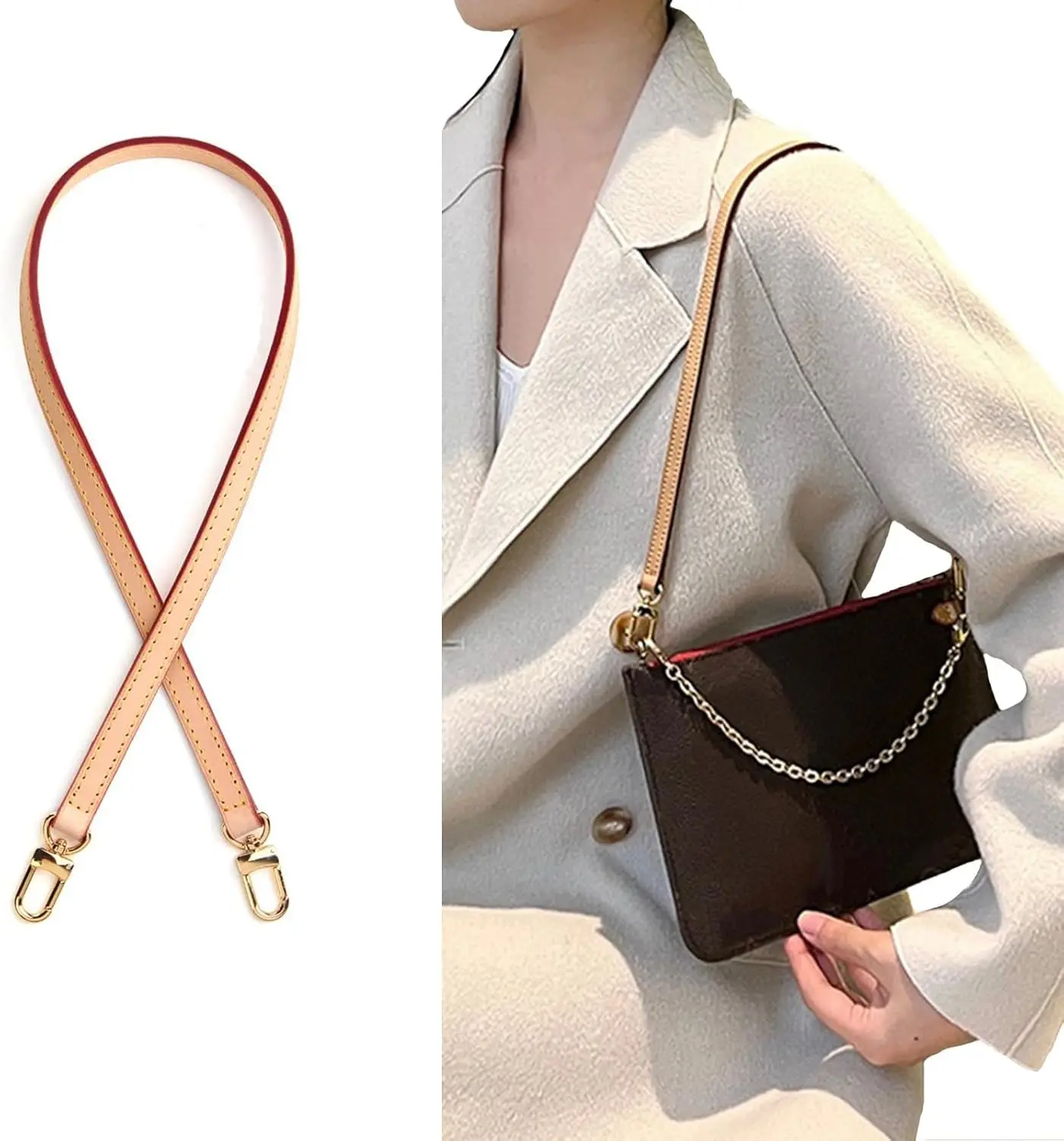 Genuine Vachetta Leather Replacement Bags Thin Short Purse Strap Shoulder Straps for Multi Pochette Boulogne Pouchette Montaigne Accessories (Width:0.43in&Length:23.6in)
