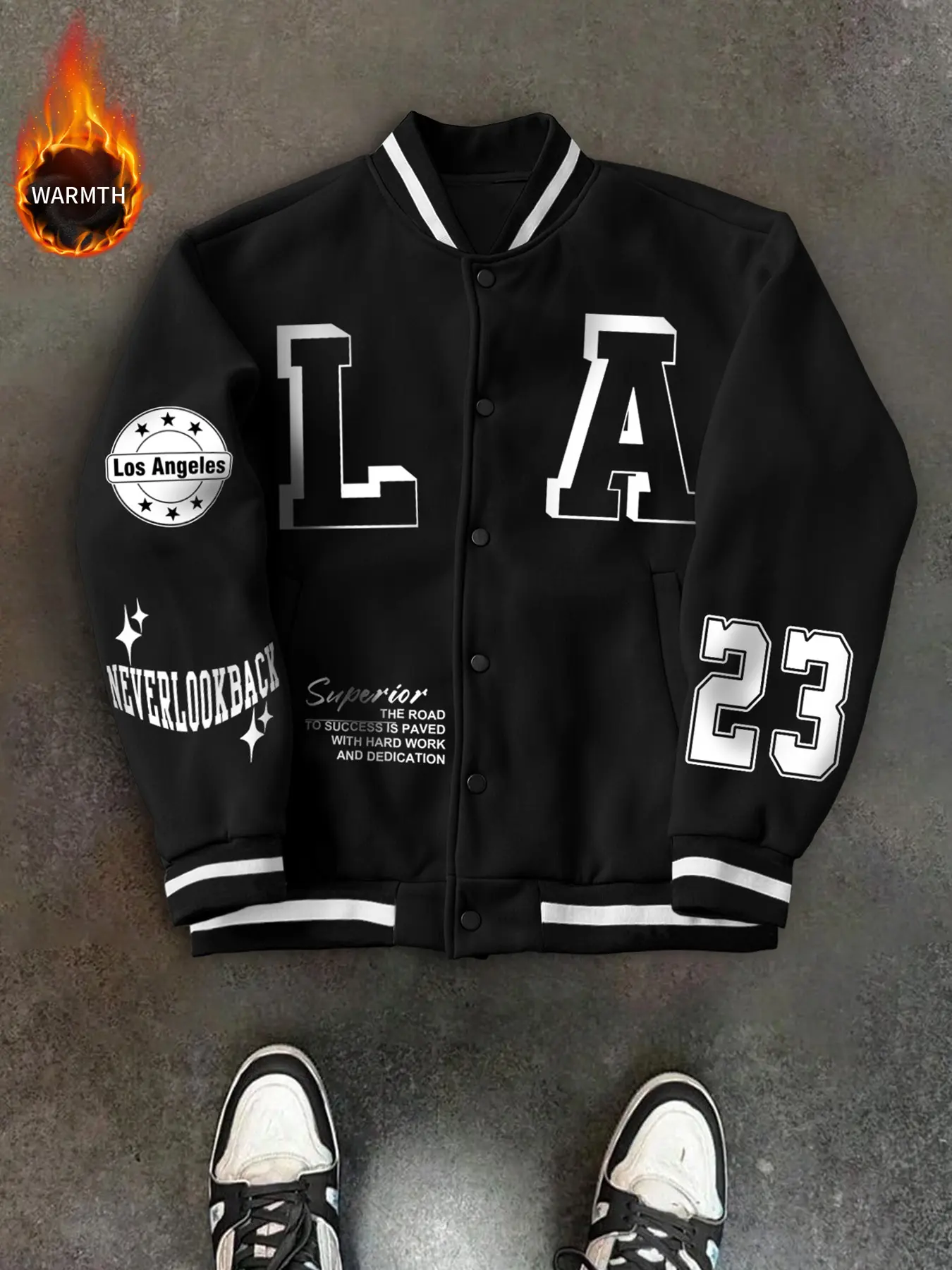 Men's Embroidered City & Number Graphic Pattern Fitted Casual Baseball Jacket, Thick Warm Long Sleeve Pilot Coat, Ribbed Collar, Button Front, Fall & Winter Essential Tops, Casual Streetwear Outerwear