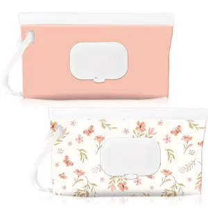 2 Pack Baby Wipes Dispenser Holder Portable Refillable Wet Wipes Pouch Container Reusable Travel Case for Outdoor Hiking Pink Flower