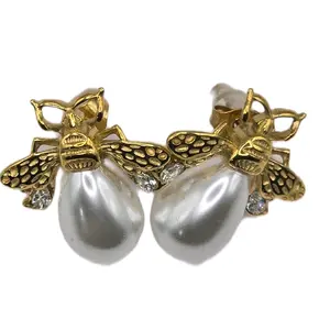 Pearls Bee Zirconia Stud Earrings Stainless Steel Waterproof Earrings Jewelry Metal Trendy Daily Earring Fashion Accessories Creative Gift