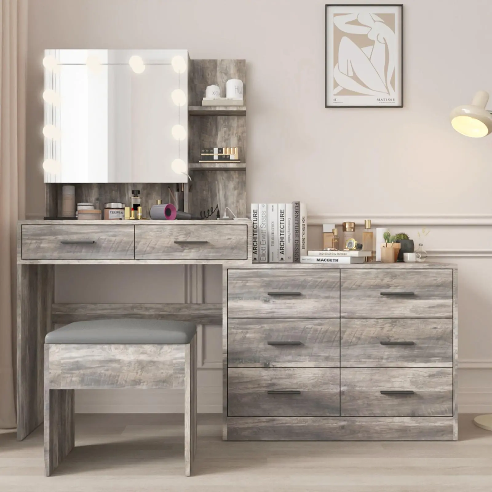 Sanded particle board with triamine coating, 8 drawers, 2 layers of shelves, 1 mirror cabinet combination, makeup table set, with three-tone light bulbs, combination cabinet