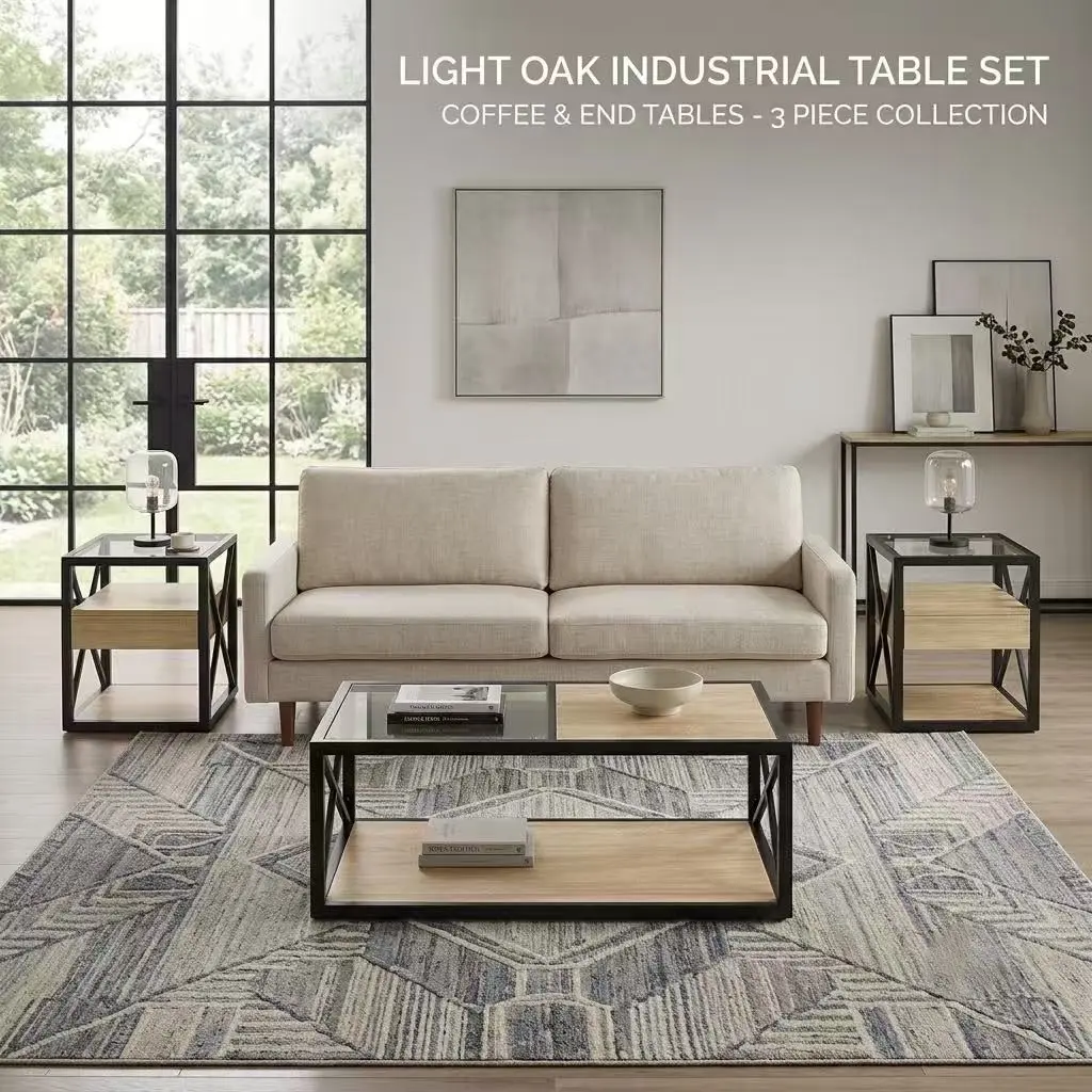 39.37" Industrial Coffee Table with 2 Matching End Tables with Drawers, 3-Piece Glass & Wood Grain MDF Living Room Set, Modern X-Frame Side Tables for Bedroom & Home Office,Convertible apartment