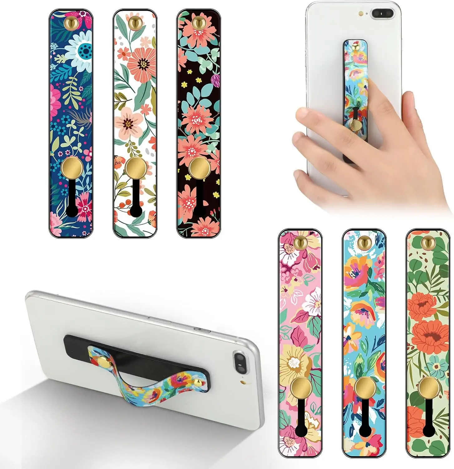 6 Pieces Phone Grip Holder Cell Phone Grip Strap Tecopic Finger Strap Stand Universal Finger Kickstand for Most Smartphones(Floral Color)
