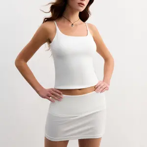 Dazzwear Women's Two-piece Solid Color Sleeveless Cami Top & Bodycon Fold-over Mini Skirt Set with Adjustable Spaghetti Straps Womenswear Clothes