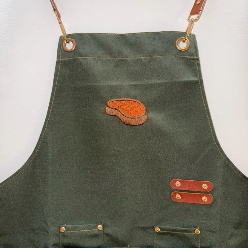 Canvas Apron with Leather Straps and Steak Embroidery for Cooking and Crafting Green Apron with Pockets and Buckle Closure