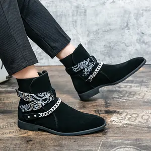 Men Retro Streetwear Chelsea Boots Brown Suede Pointed Toe with Bandana Straps and Chain Detail