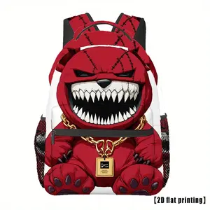 Horror Bear (13) Backpack - Bold Red Horror Design with Sharp Teeth, Anti-Theft Zipper Pocket, Laptop Compartment, Lightweight & Foldable Travel Backpack for School, Hiking, Gym, Urban Commute - Compatible with 15" Laptop, 20 Flat Printing